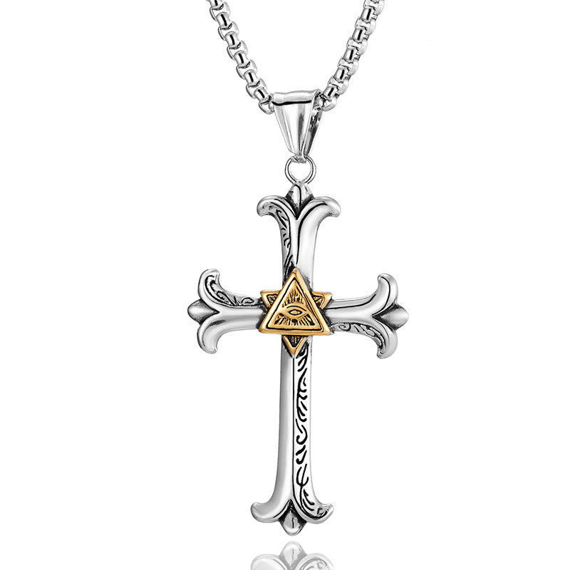 Stainless Steel Triangle Eye Cross Pendant Necklace