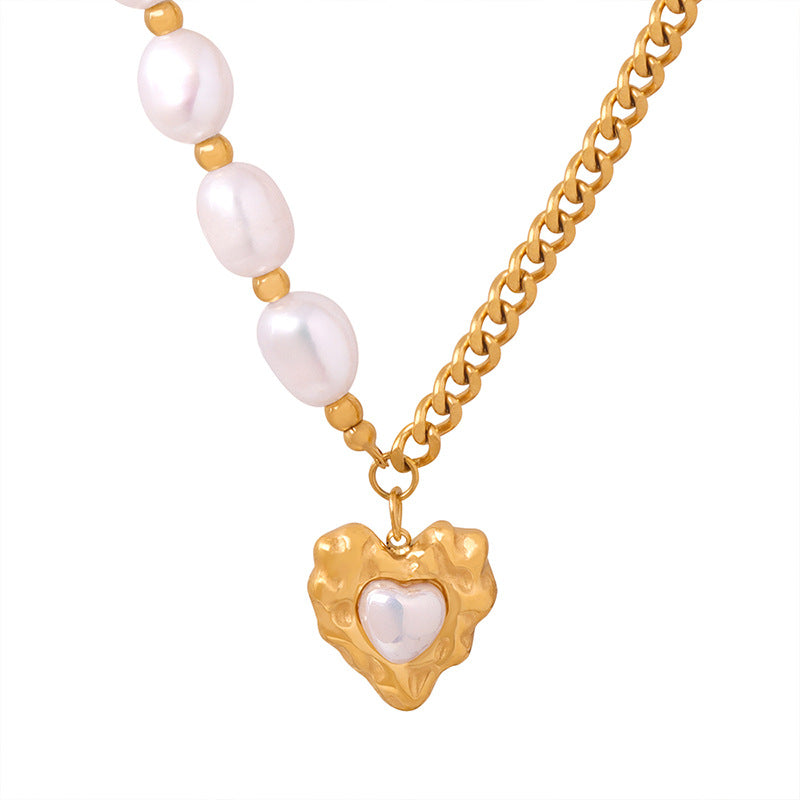 Heart Pendant Imitation Pearl Splicing Chain Necklace