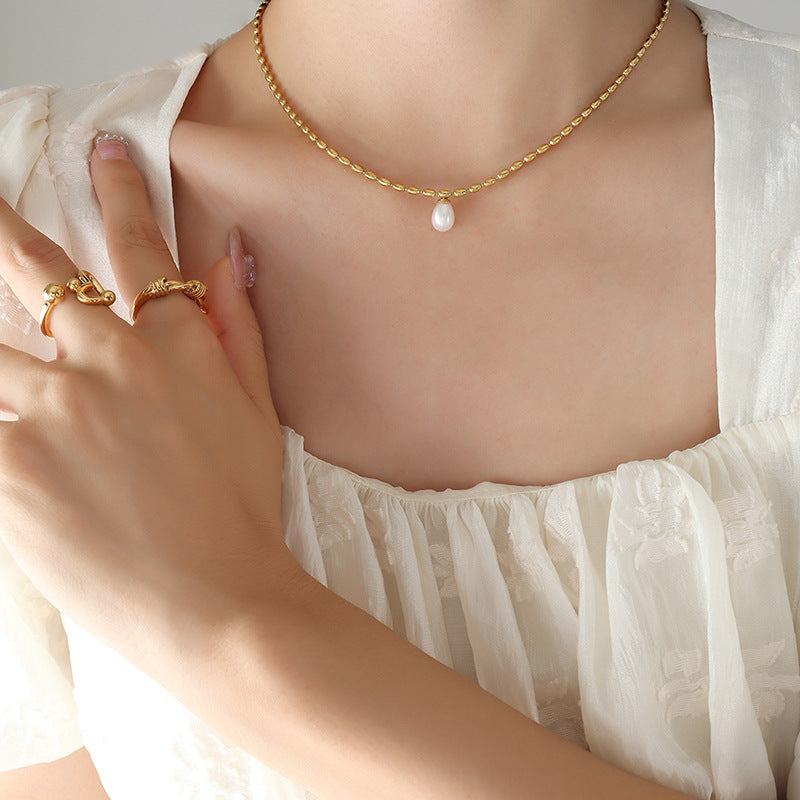 Stainless Steel Oval Bead Chain Freshwater Pearl Pendant Necklace