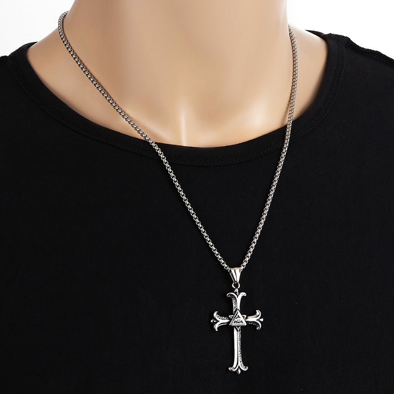Stainless Steel Triangle Eye Cross Pendant Necklace