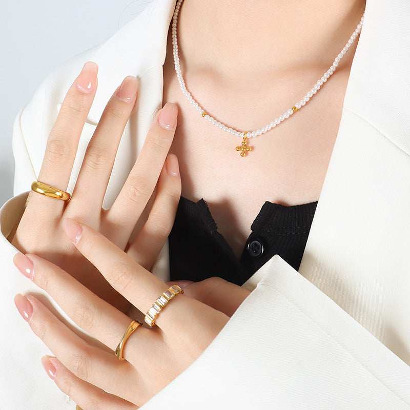 Cross Pendant Imitation Pearl Beads Necklace