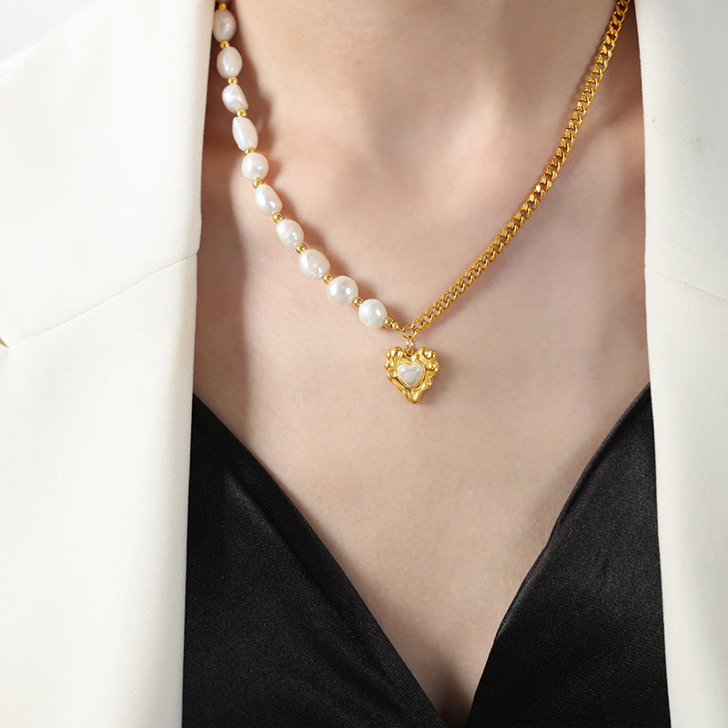 Heart Pendant Imitation Pearl Splicing Chain Necklace