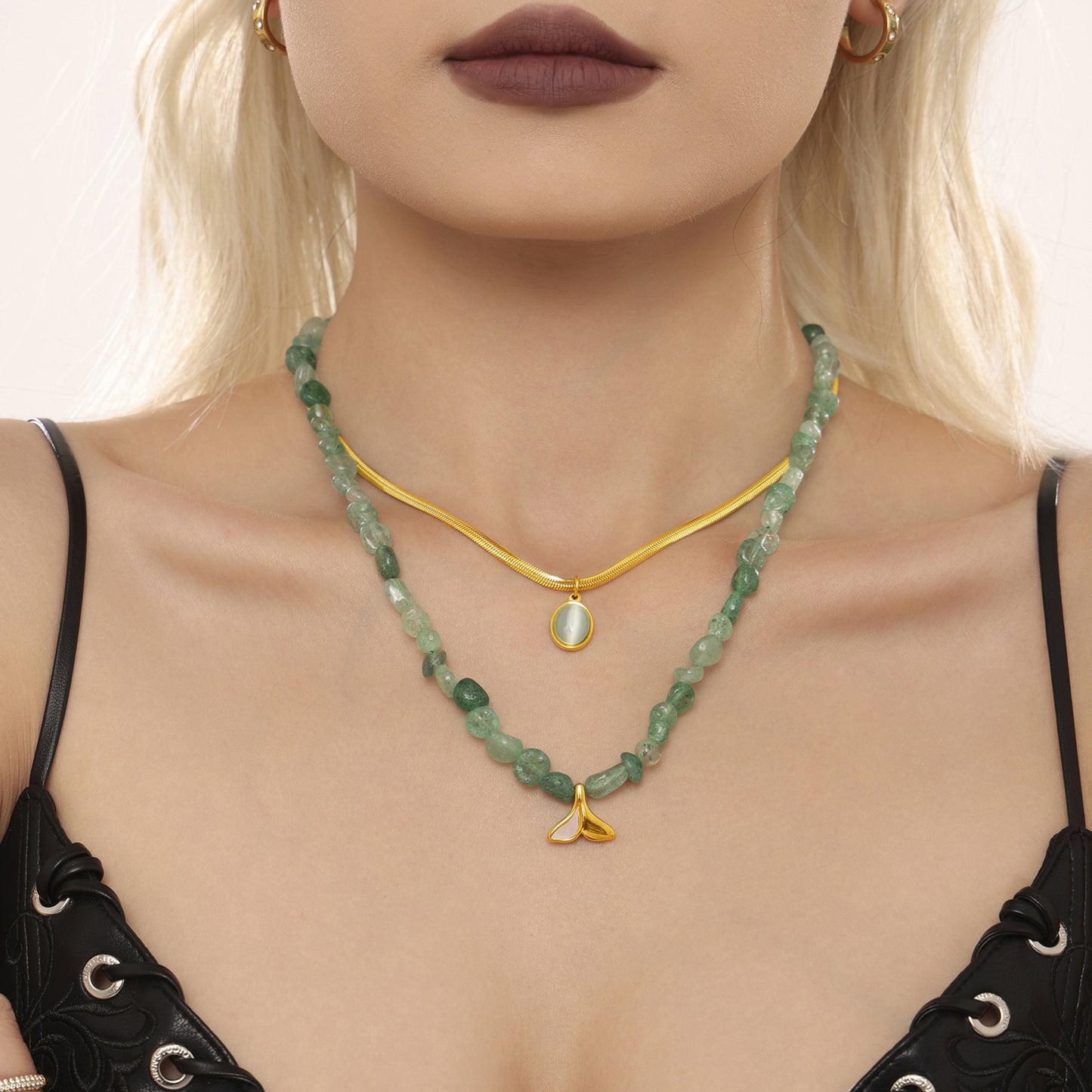 Stainless Steel Snake Chain Fishtail Pendant Natural Stone Beads Double Layer Necklace