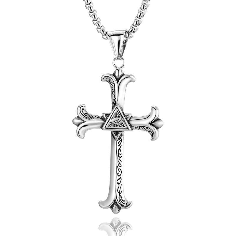 Stainless Steel Triangle Eye Cross Pendant Necklace