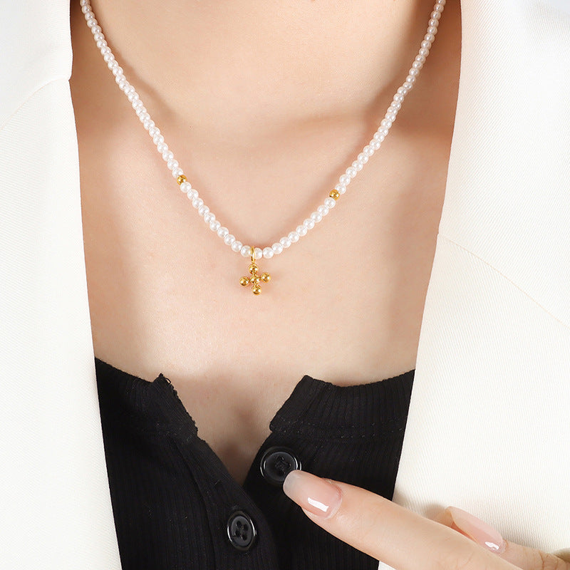 Cross Pendant Imitation Pearl Beads Necklace