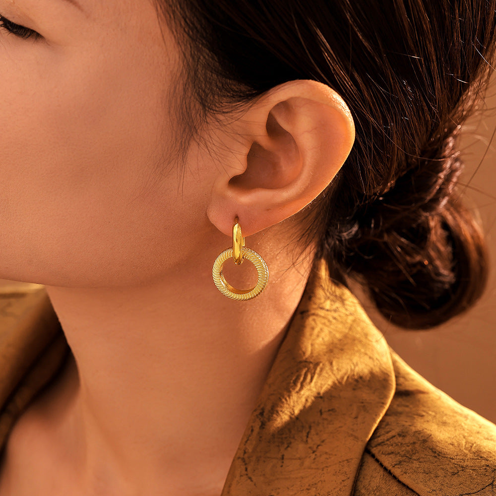 Stainless Steel Double Ring Thread Drop Earrings