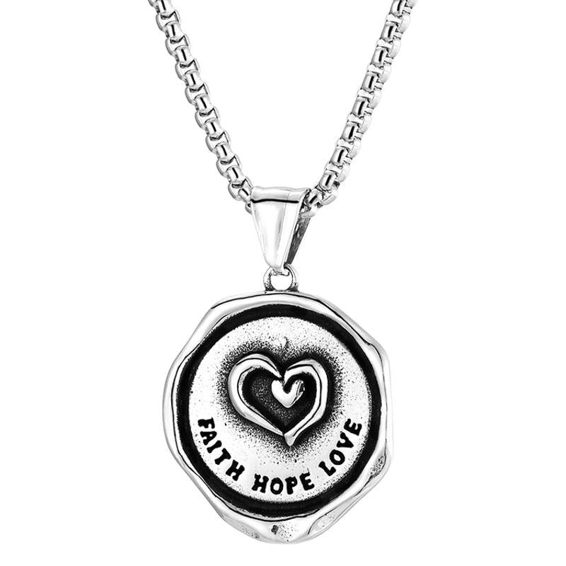 Stainless Steel Heart Pattern Round Pendant Necklace