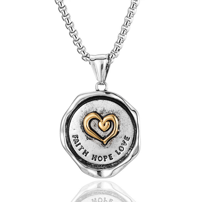 Stainless Steel Heart Pattern Round Pendant Necklace