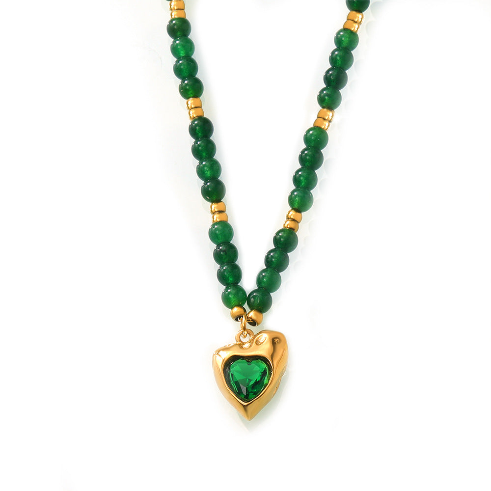 Stainless Steel Irregular Heart Inlay Cubic Zirconia Bead Necklace