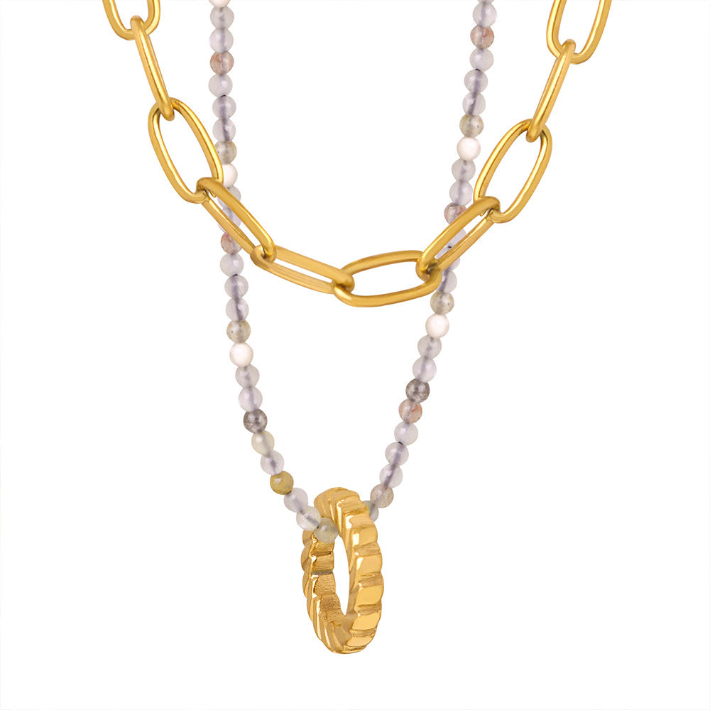 Ring Pendant Natural Stone Beads Double Layer Necklace