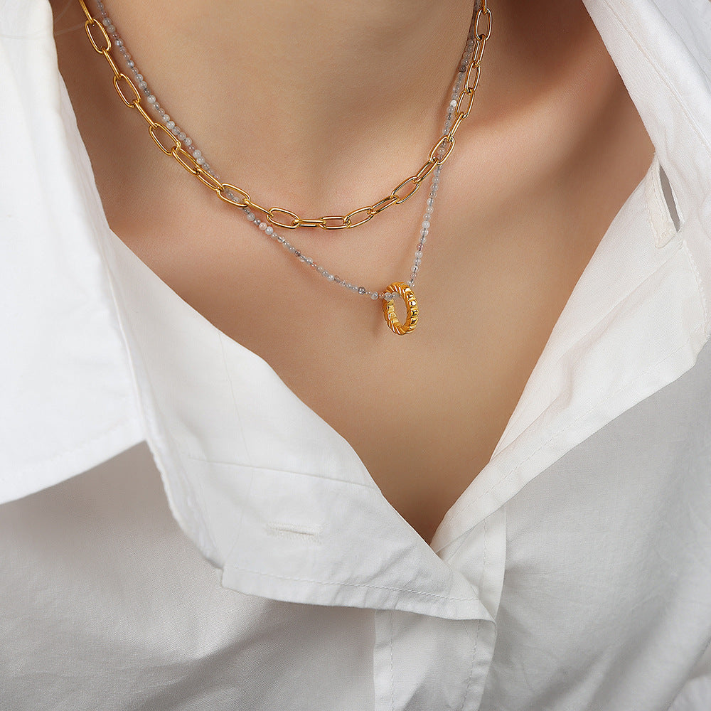 Ring Pendant Natural Stone Beads Double Layer Necklace