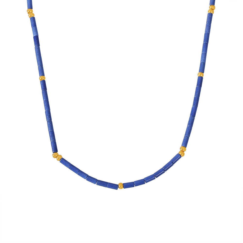 Natural Lapis Lazuli Stainless Steel Beaded Necklace
