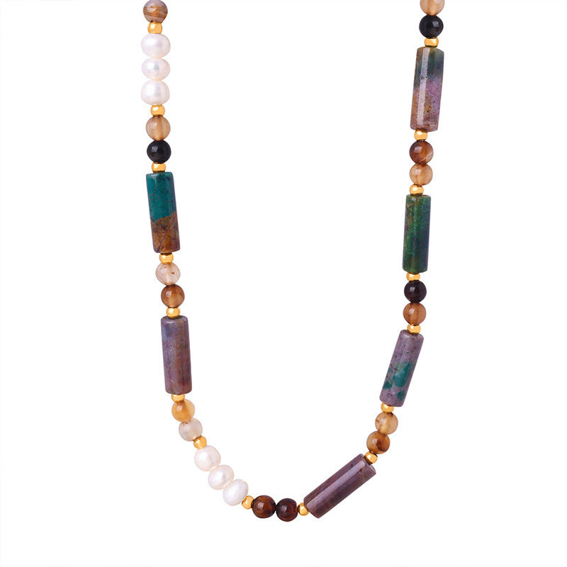 Stainless Steel Freshwater Pearl Brown Natural Stone Beaded Necklace