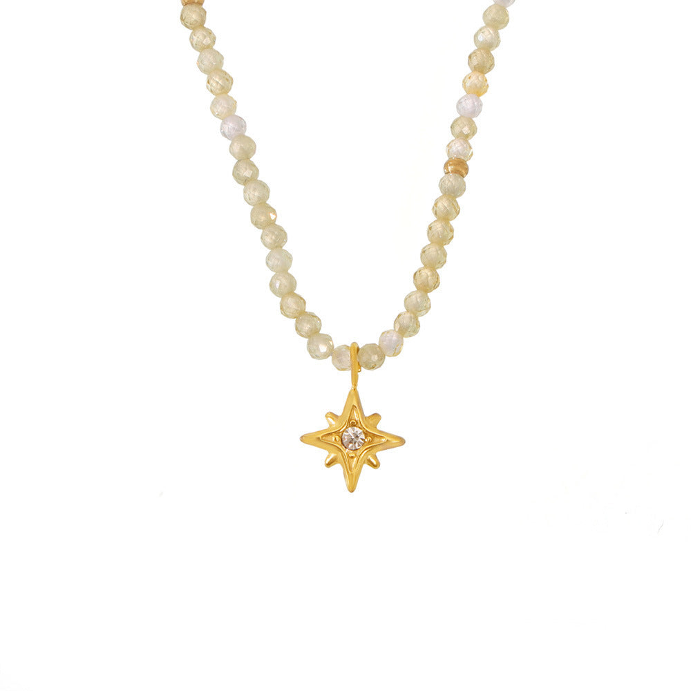 Stainless Steel Eight Pointed Star Cubic Zirconia Pendant Yellow Beaded Necklace
