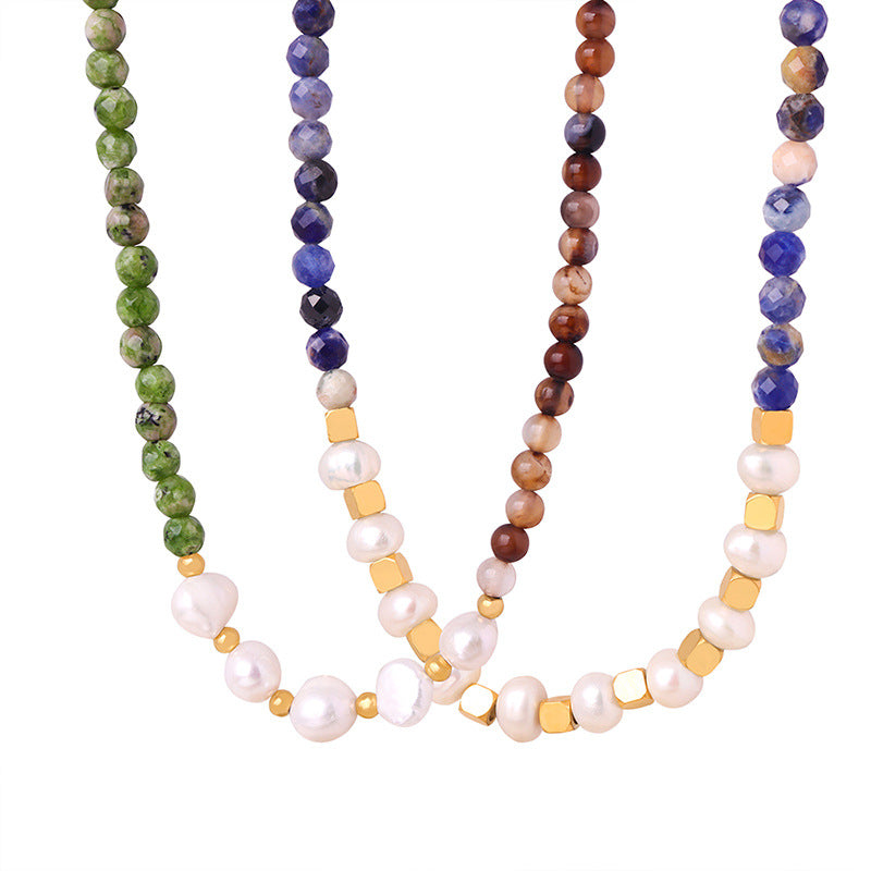 Ethnic Rainbow Natural Stone Freshwater Pearl Beaded Necklace