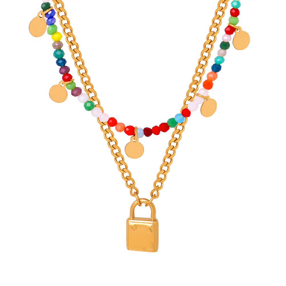 Lock Pendant Necklace & Rainbow Beaded Necklace