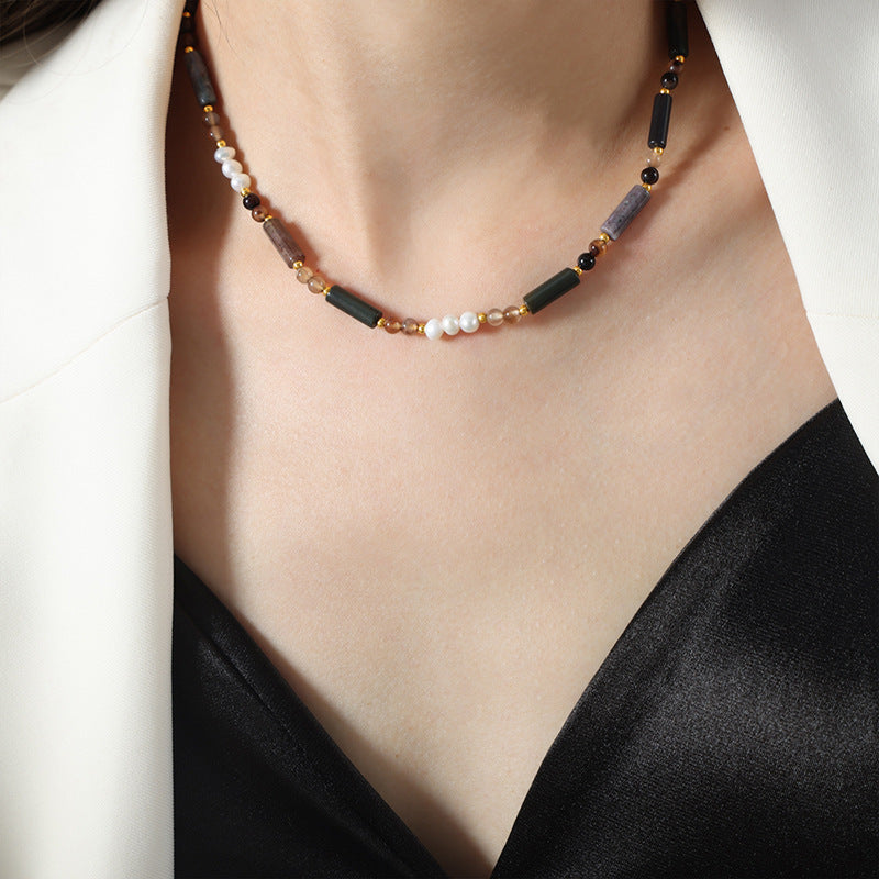 Stainless Steel Freshwater Pearl Brown Natural Stone Beaded Necklace