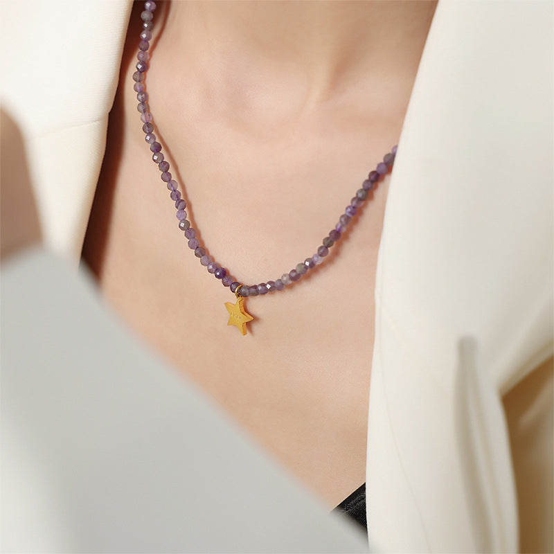 Stainless Steel Star Pendant Purple Amazonite Beaded Necklace