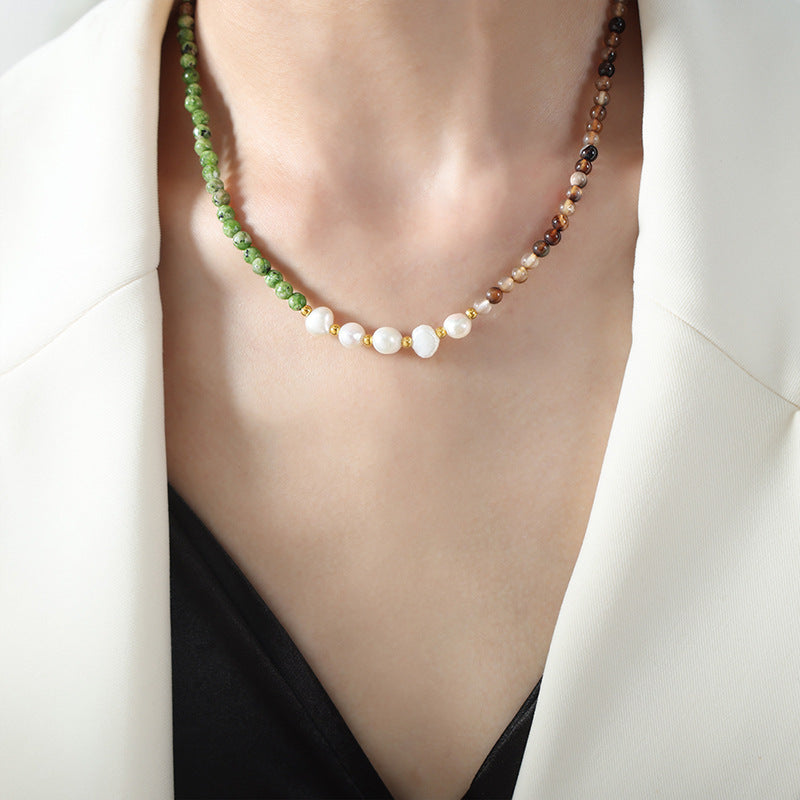 Ethnic Rainbow Natural Stone Freshwater Pearl Beaded Necklace