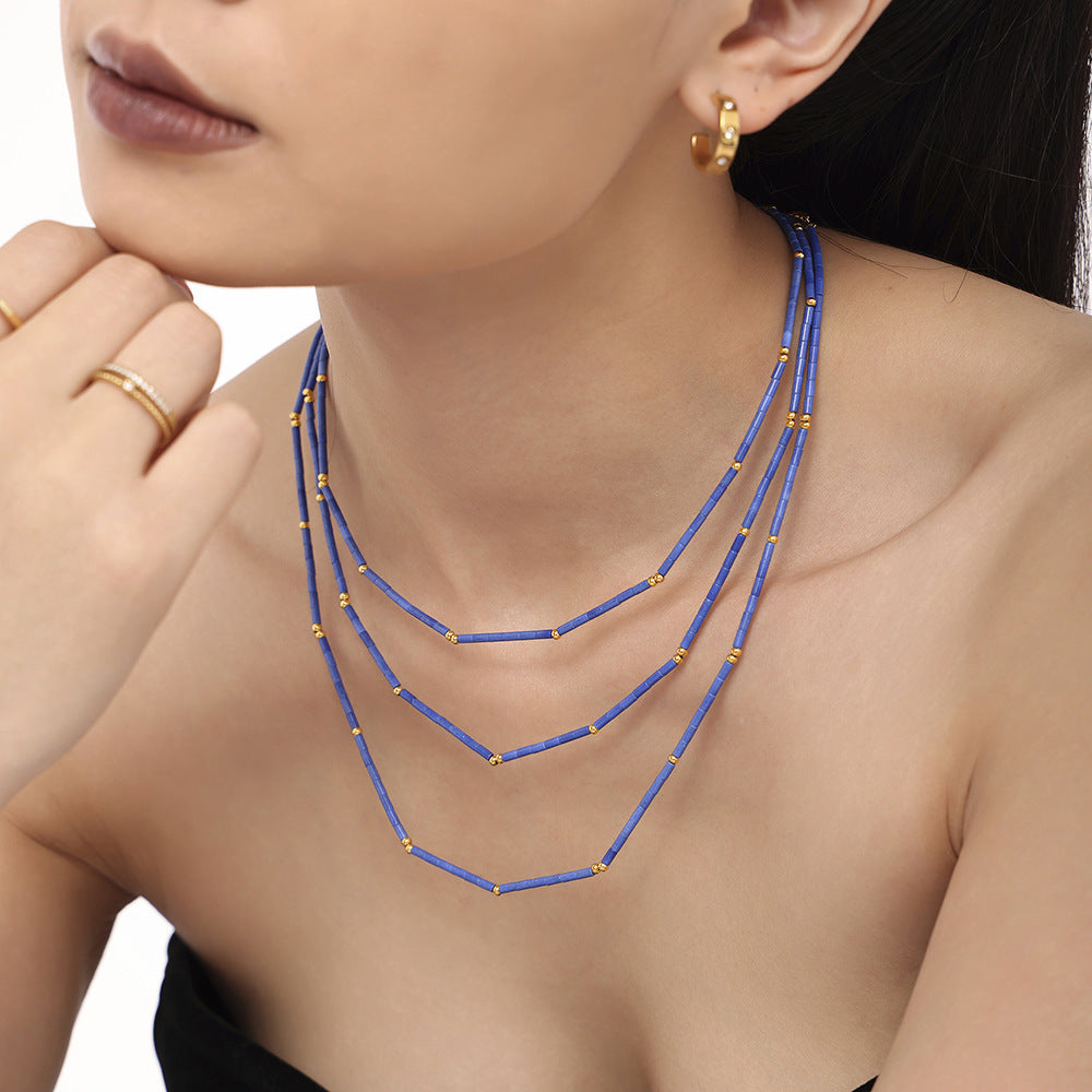 Natural Lapis Lazuli Stainless Steel Beaded Necklace