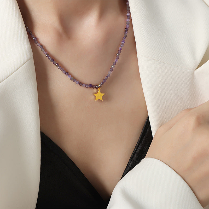 Stainless Steel Star Pendant Purple Amazonite Beaded Necklace