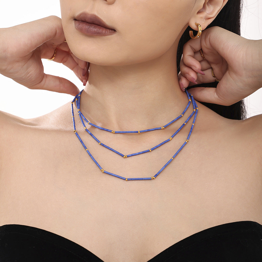 Natural Lapis Lazuli Stainless Steel Beaded Necklace