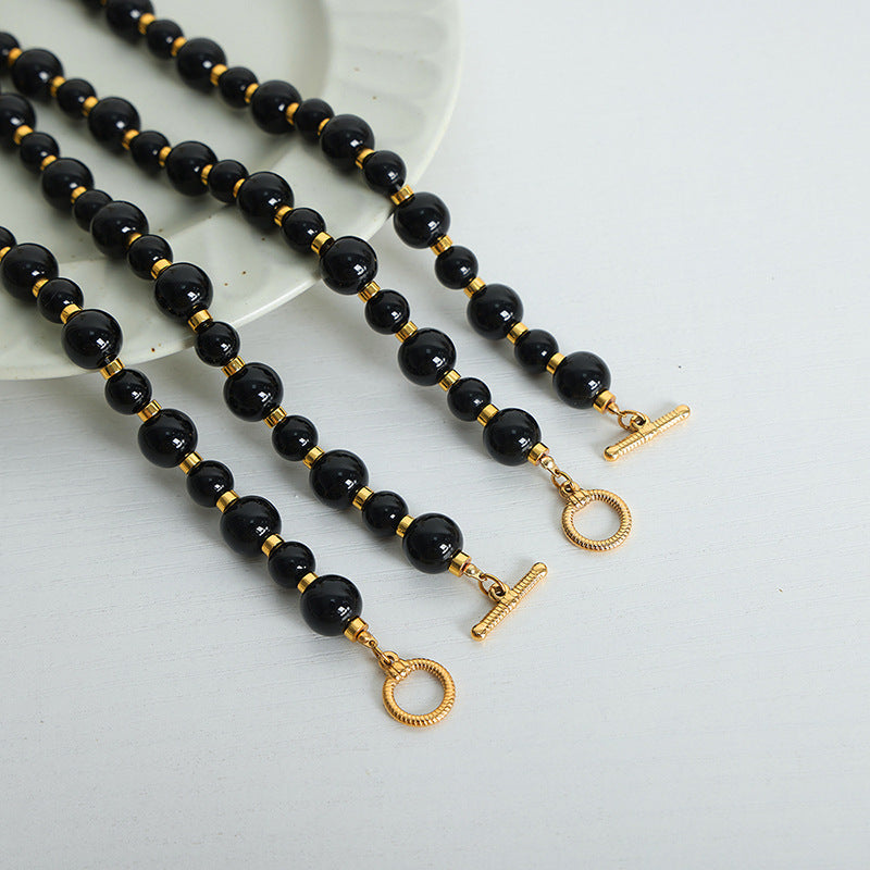 Black Agate Beaded OT Buckle Necklace