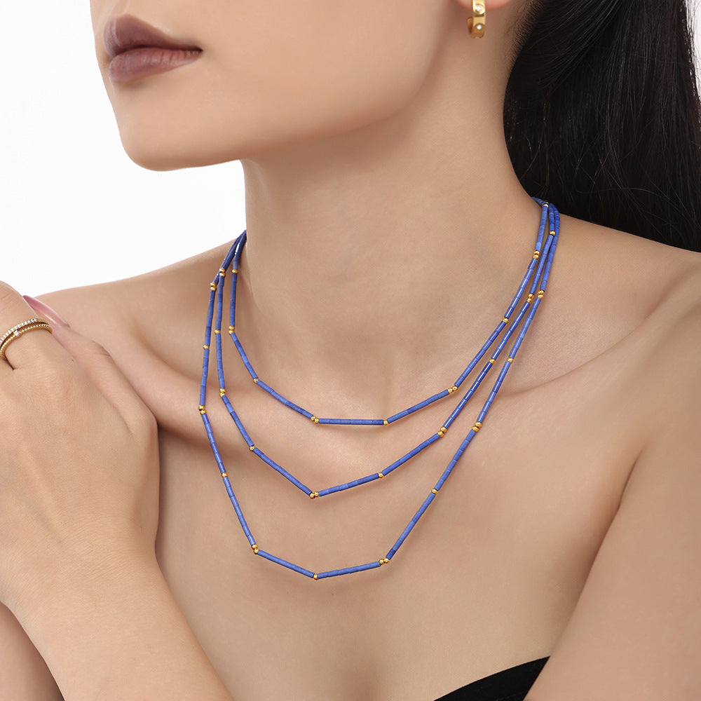 Natural Lapis Lazuli Stainless Steel Beaded Necklace