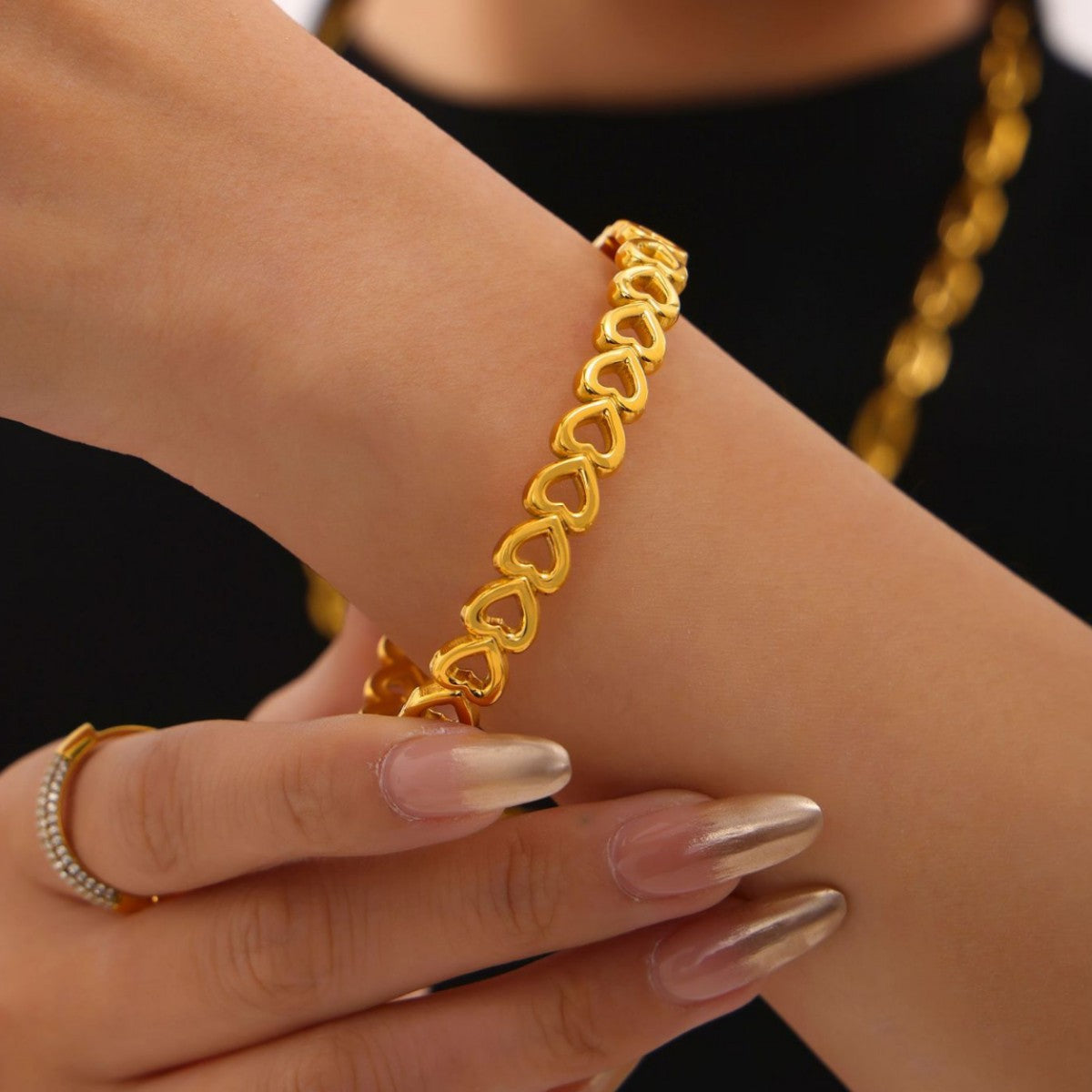 Stainless Steel Heart Hollow Bangle Bracelet