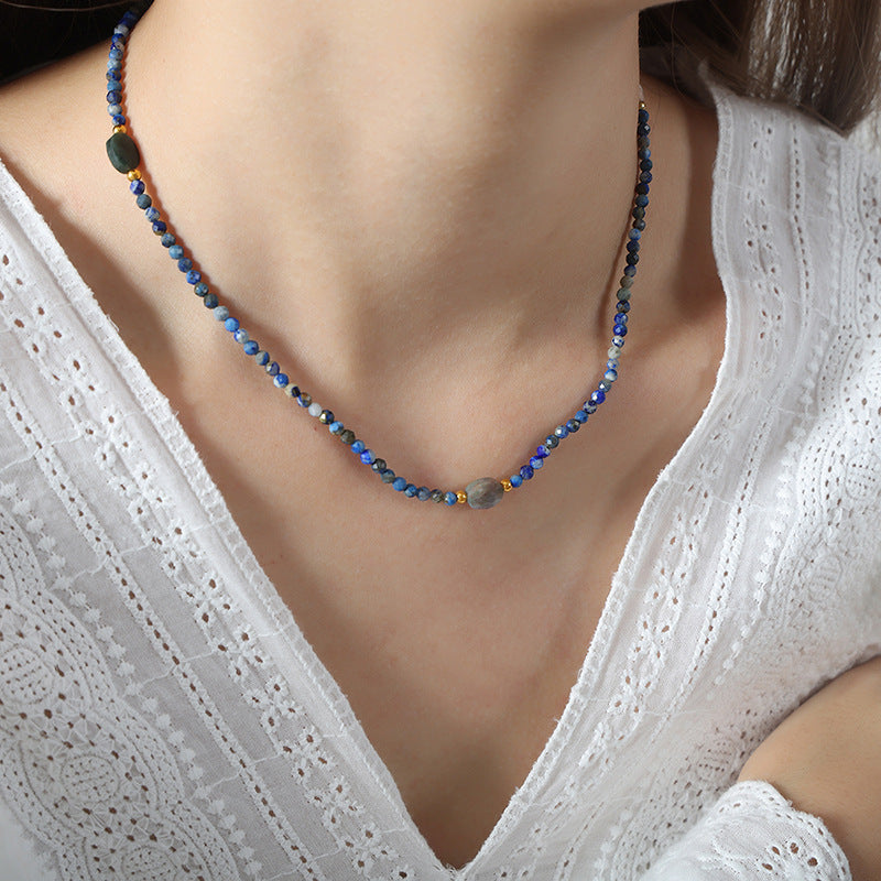 Blue Natural Stone Crystal Faceted Beaded Necklace