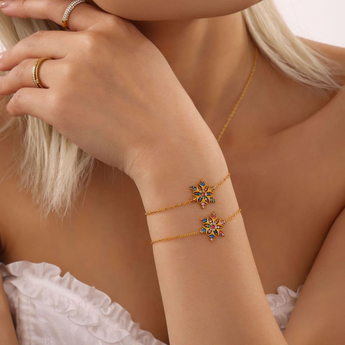 Stainless Steel 18K Gold PVD Snowflake Cubic Zirconia Bracelet