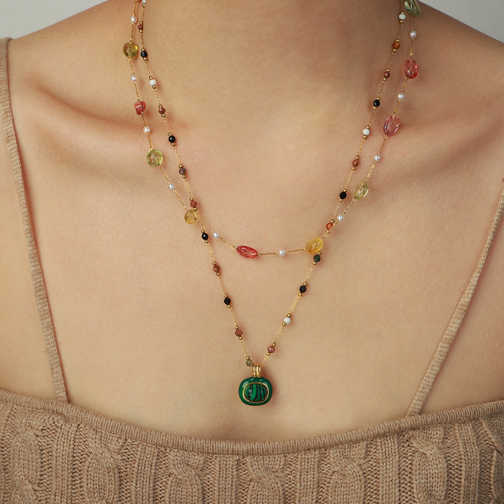 Stainless Steel Natural Stone Pendant Beaded Necklace