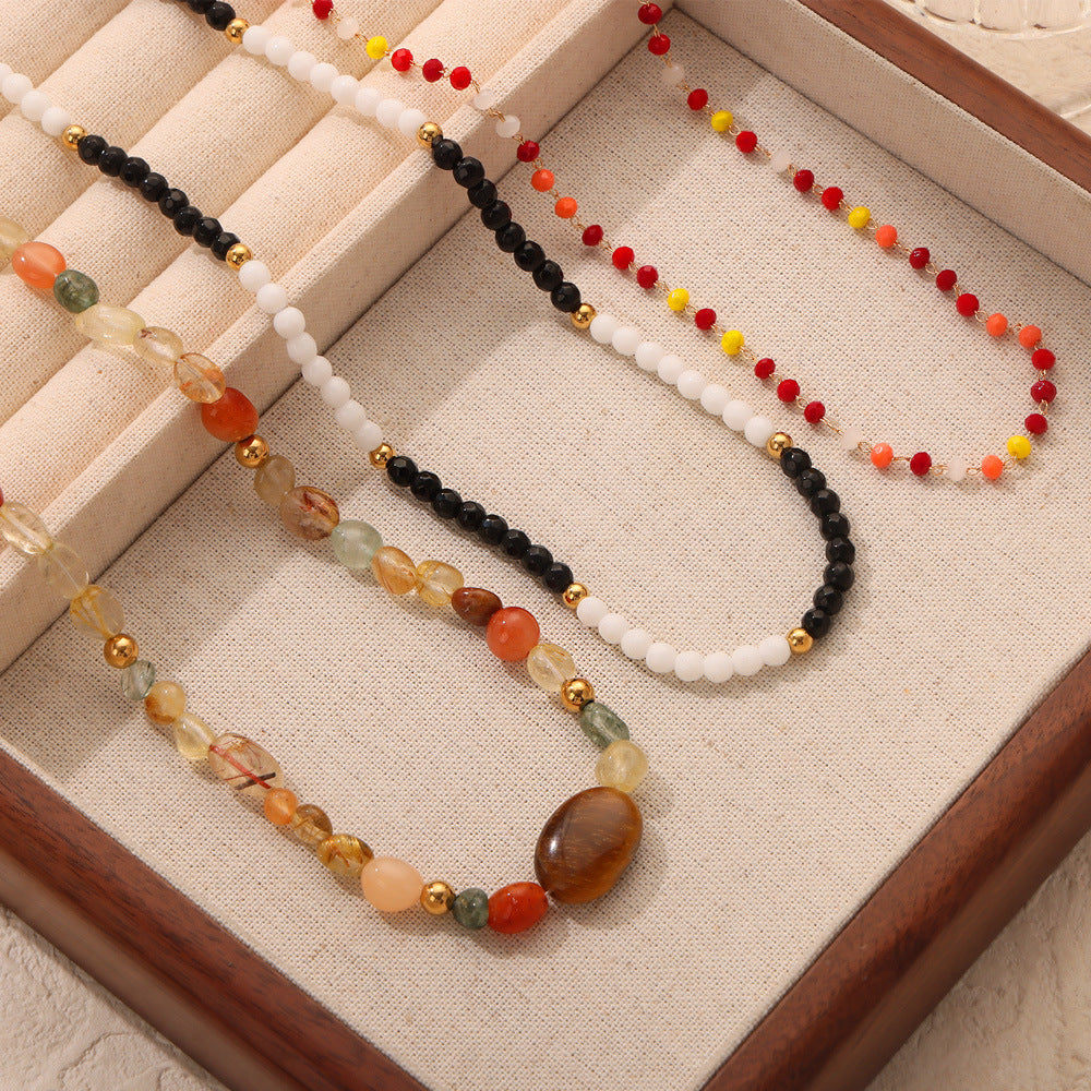 Stainless Steel Natural Stone Agate Beaded Necklace