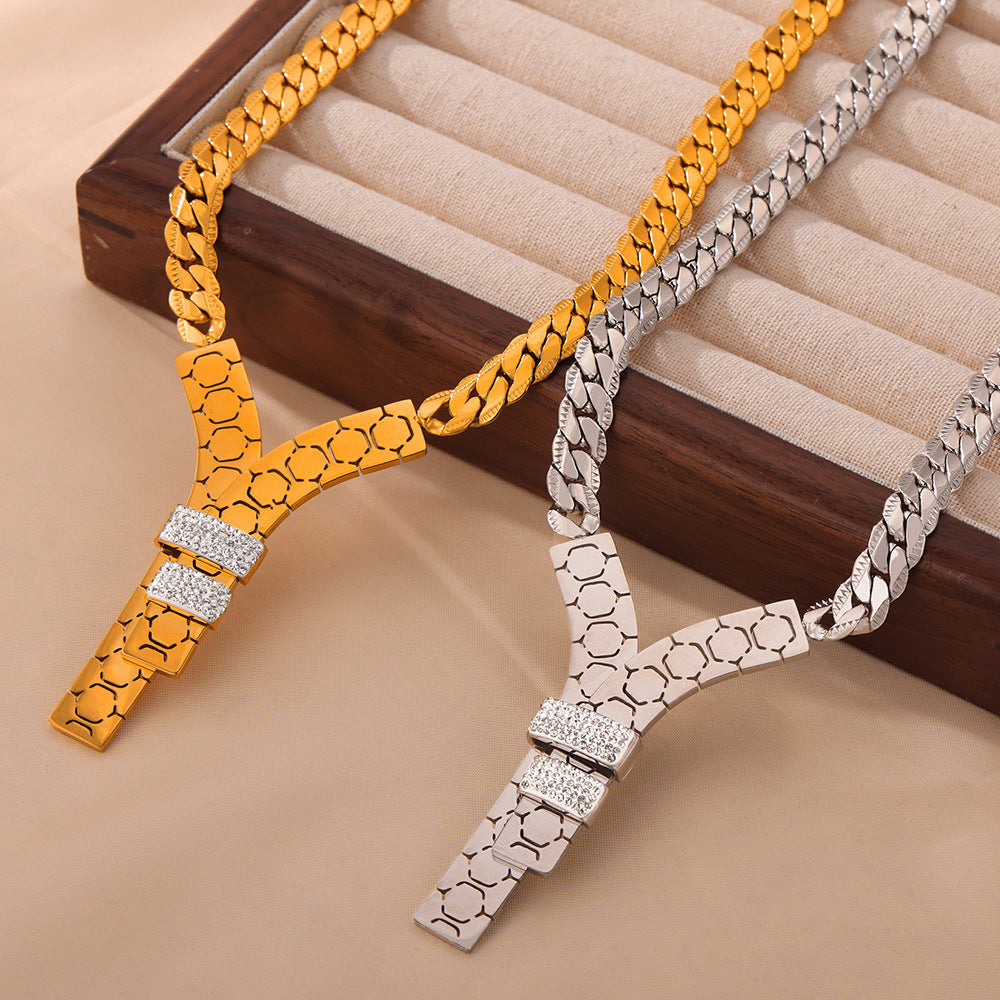 Stainless Steel Y-shaped Pendant Cubic Zirconia Necklace