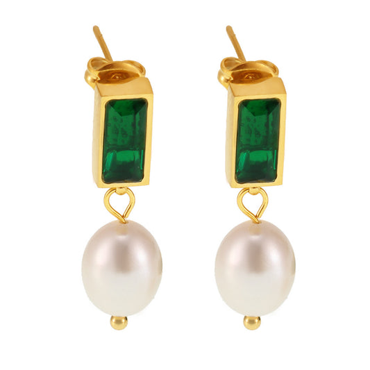 Rectangular Cubic Zirconia Freshwater Pearl Drop Earrings