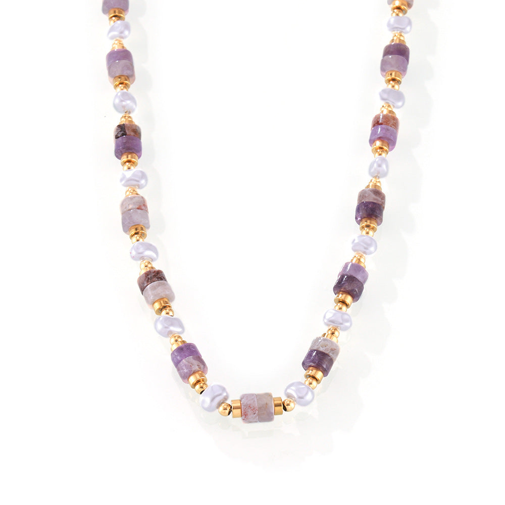 Stainless Steel Imitation Pearl Amethyst Beaded Necklace