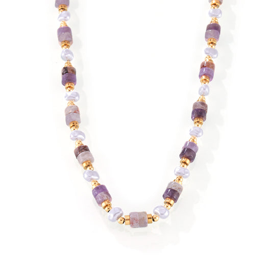 Stainless Steel Imitation Pearl Amethyst Beaded Necklace