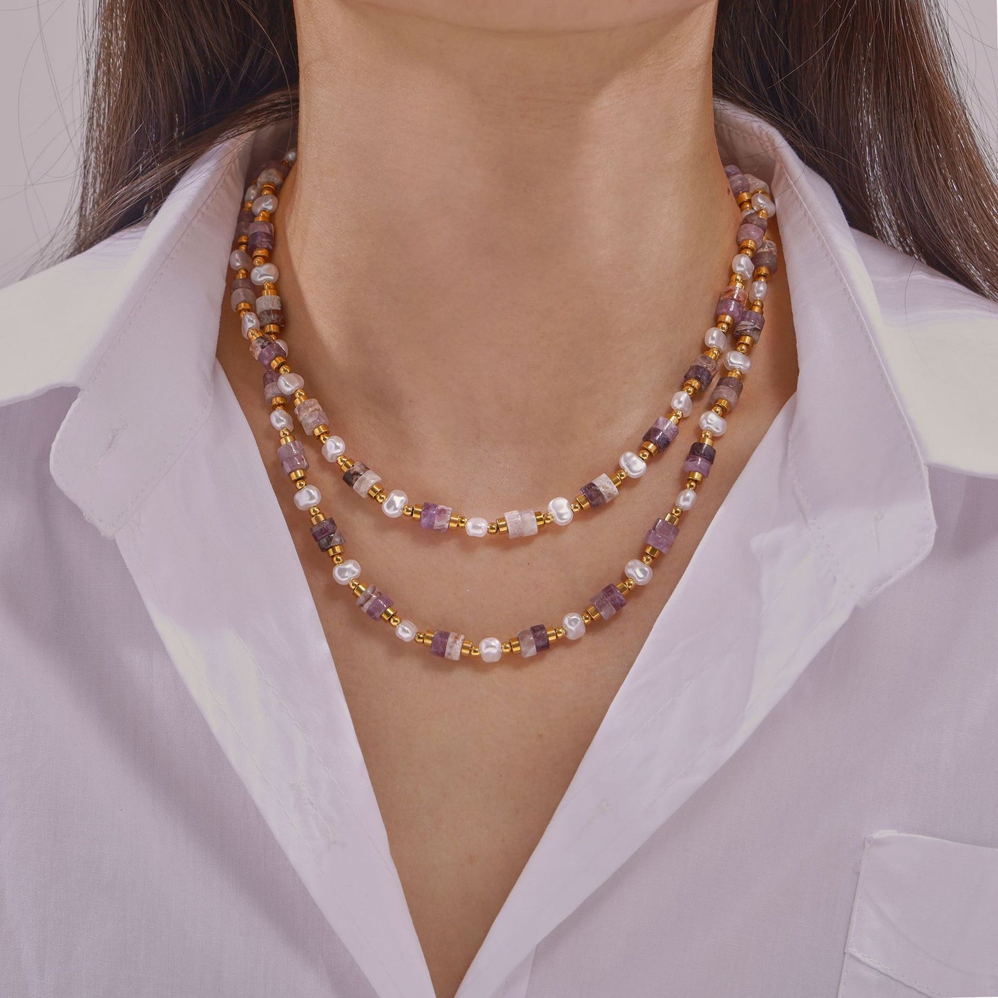 Stainless Steel Imitation Pearl Amethyst Beaded Necklace