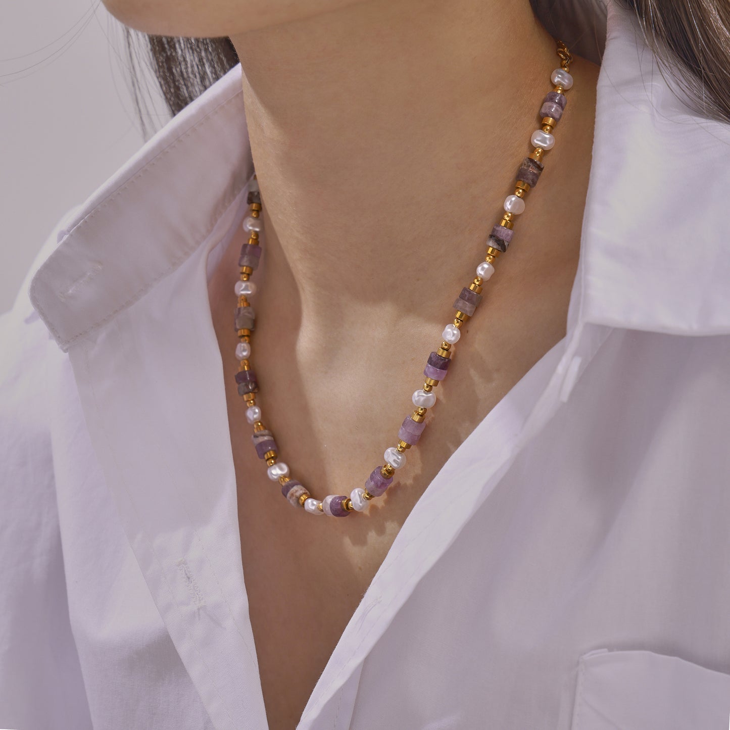 Stainless Steel Imitation Pearl Amethyst Beaded Necklace