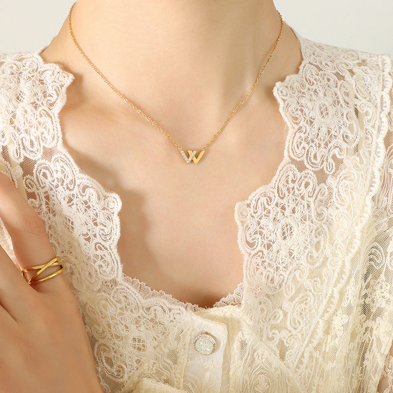 Stainless Steel W-shaped Inlay Cubic Zirconia Necklace