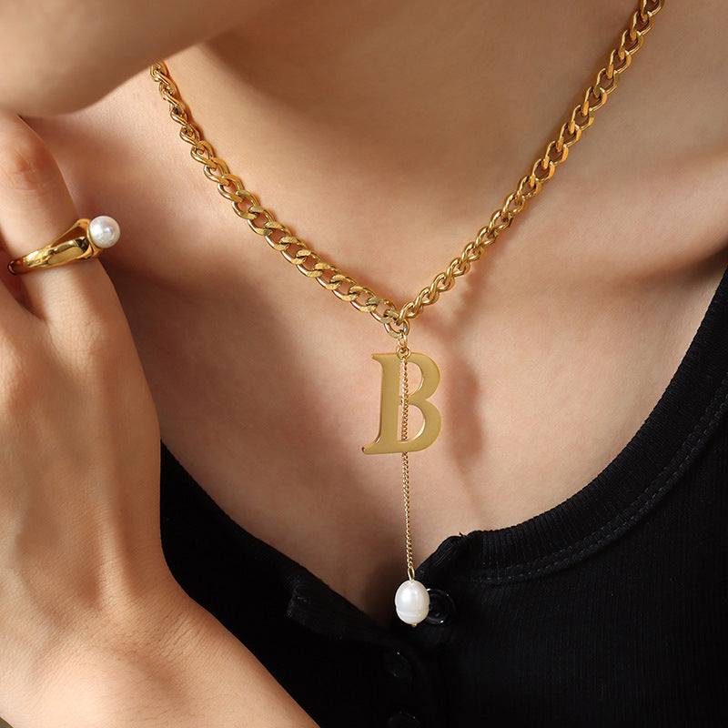 Letter Pendant & Single Freshwater Pearl Tassel Pendant Necklace