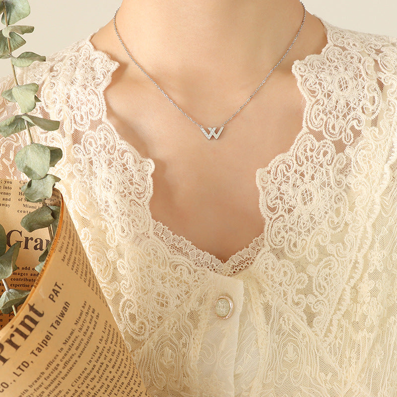 Stainless Steel W-shaped Inlay Cubic Zirconia Necklace