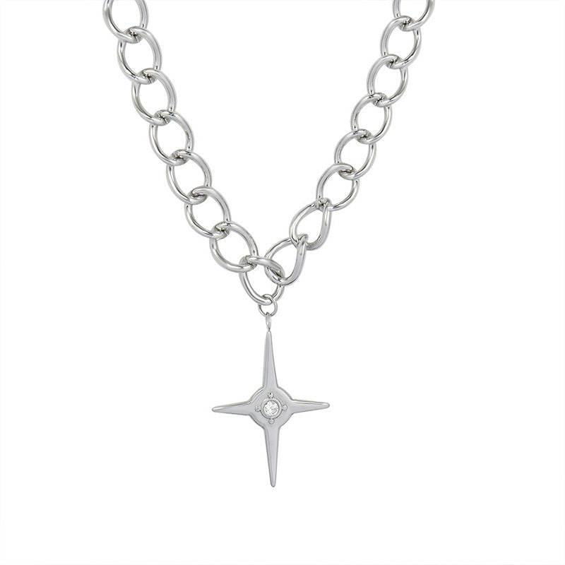 Stainless Steel Curb Chain Cross Cubic Zirconia Necklace