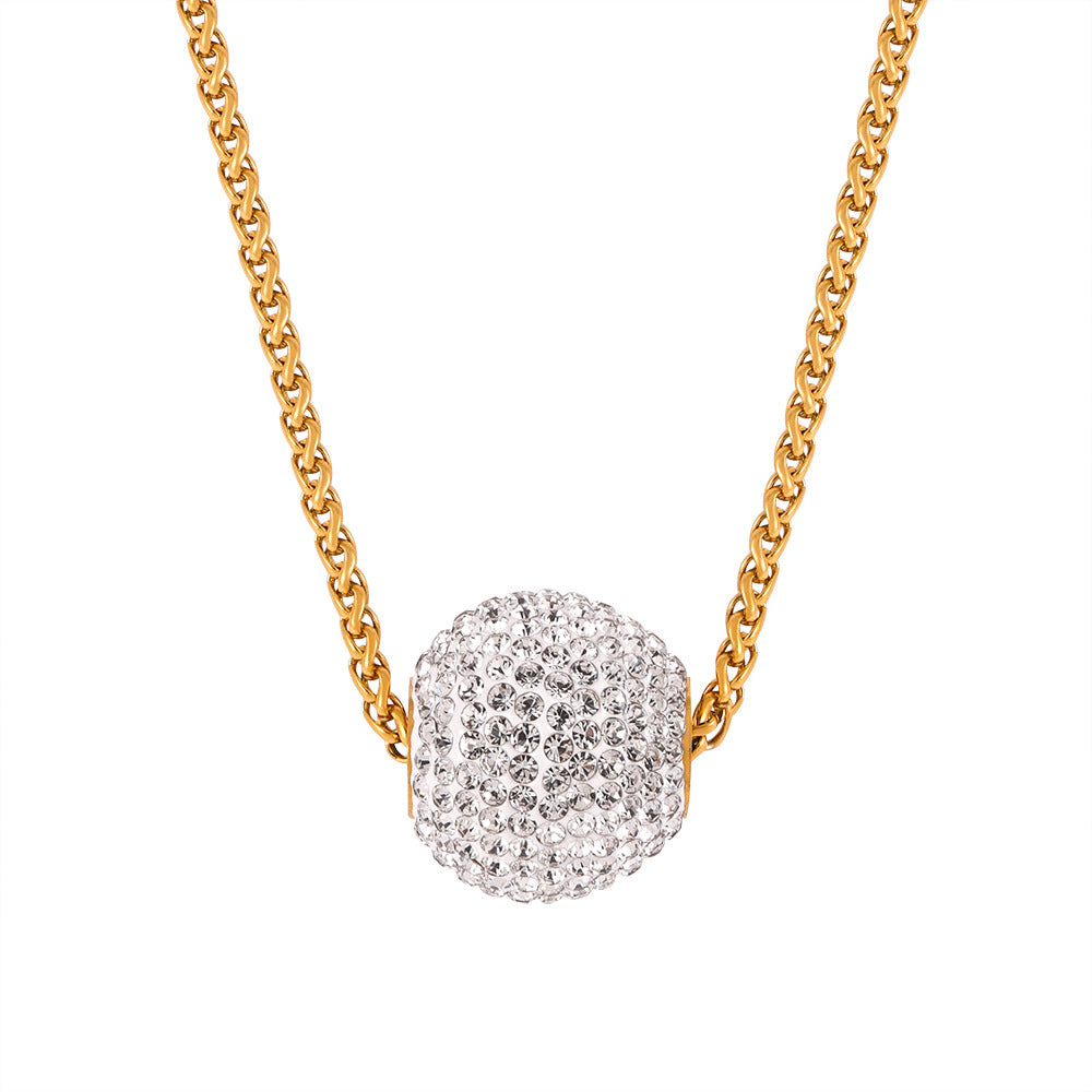 Stainless Steel Ball Inlay Cubic Zirconia Pendant Necklace