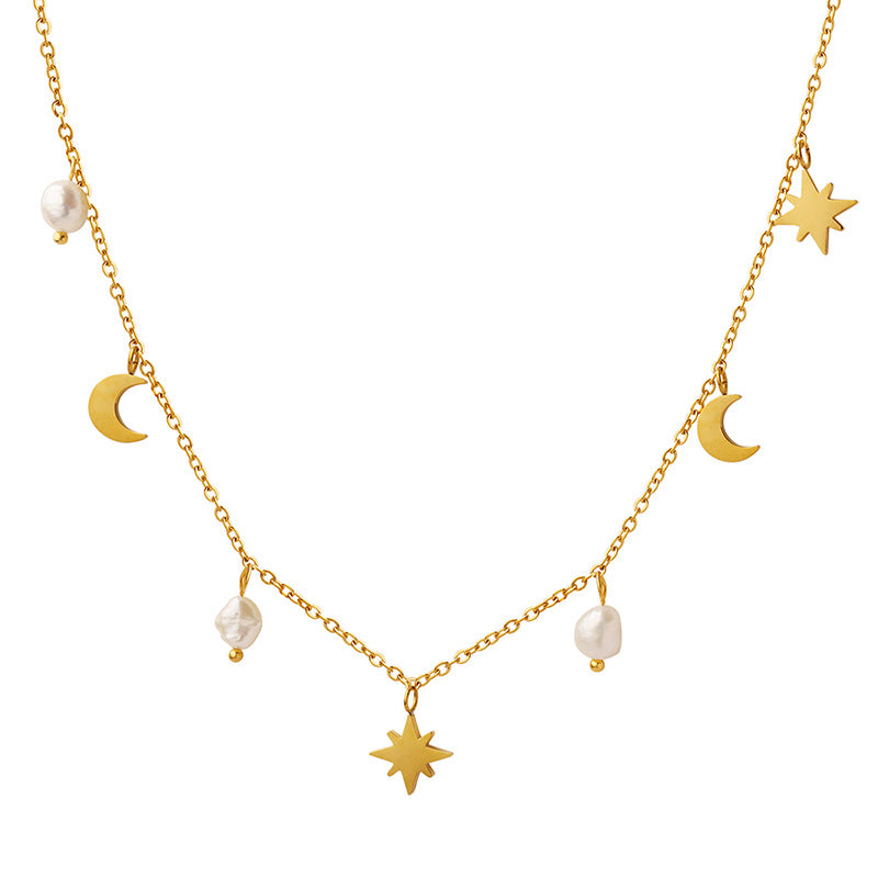 Stainless Steel Star Moon with 3 Freshwater Pearls Pendant Necklace