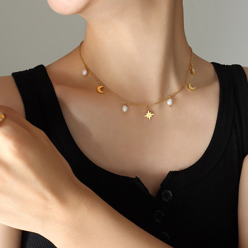 Stainless Steel Star Moon with 3 Freshwater Pearls Pendant Necklace