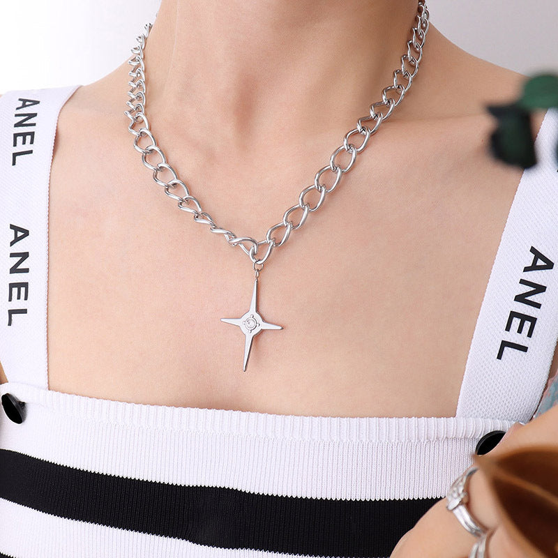 Stainless Steel Curb Chain Cross Cubic Zirconia Necklace