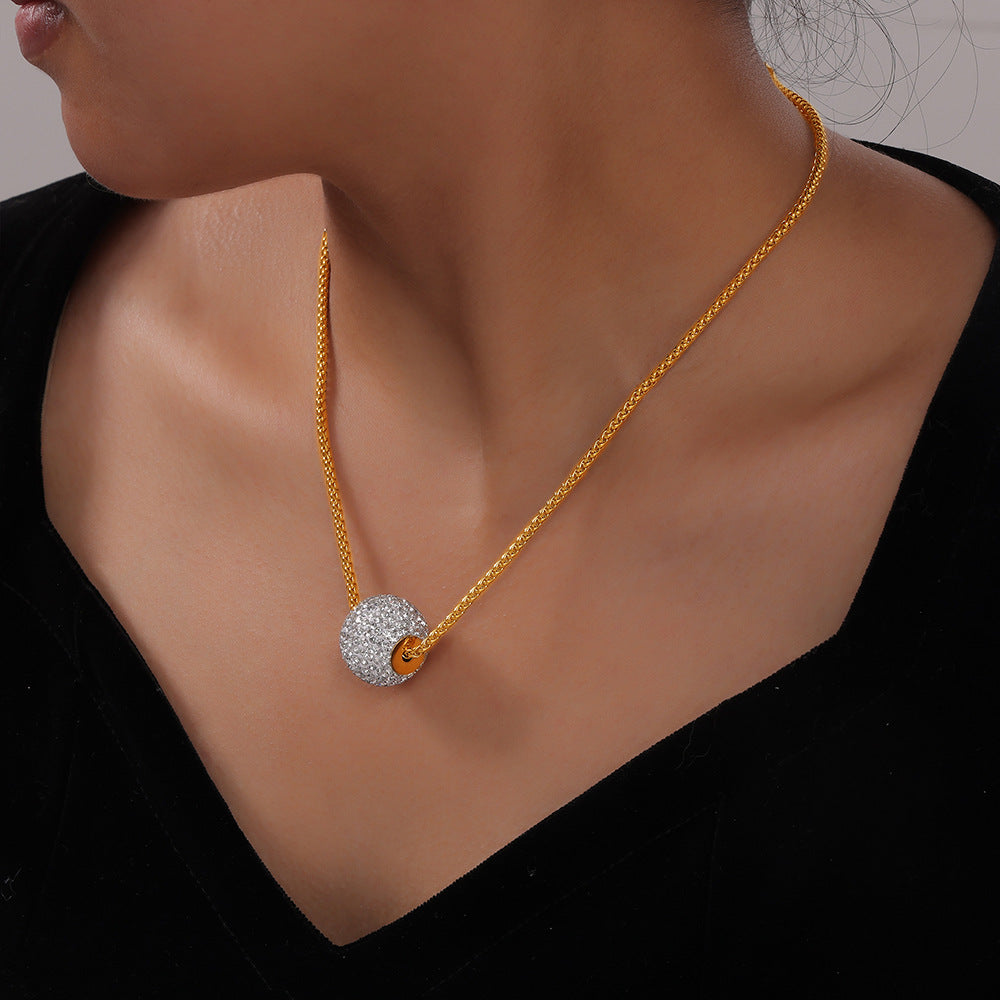 Stainless Steel Ball Inlay Cubic Zirconia Pendant Necklace