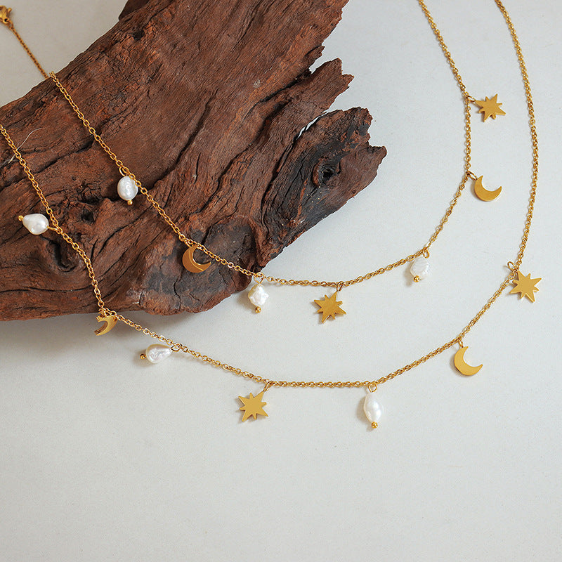Stainless Steel Star Moon with 3 Freshwater Pearls Pendant Necklace