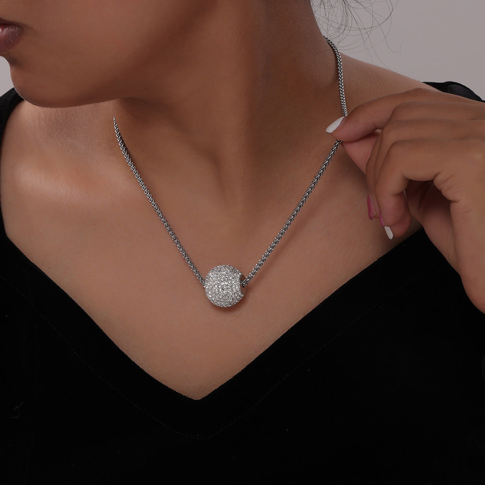 Stainless Steel Ball Inlay Cubic Zirconia Pendant Necklace